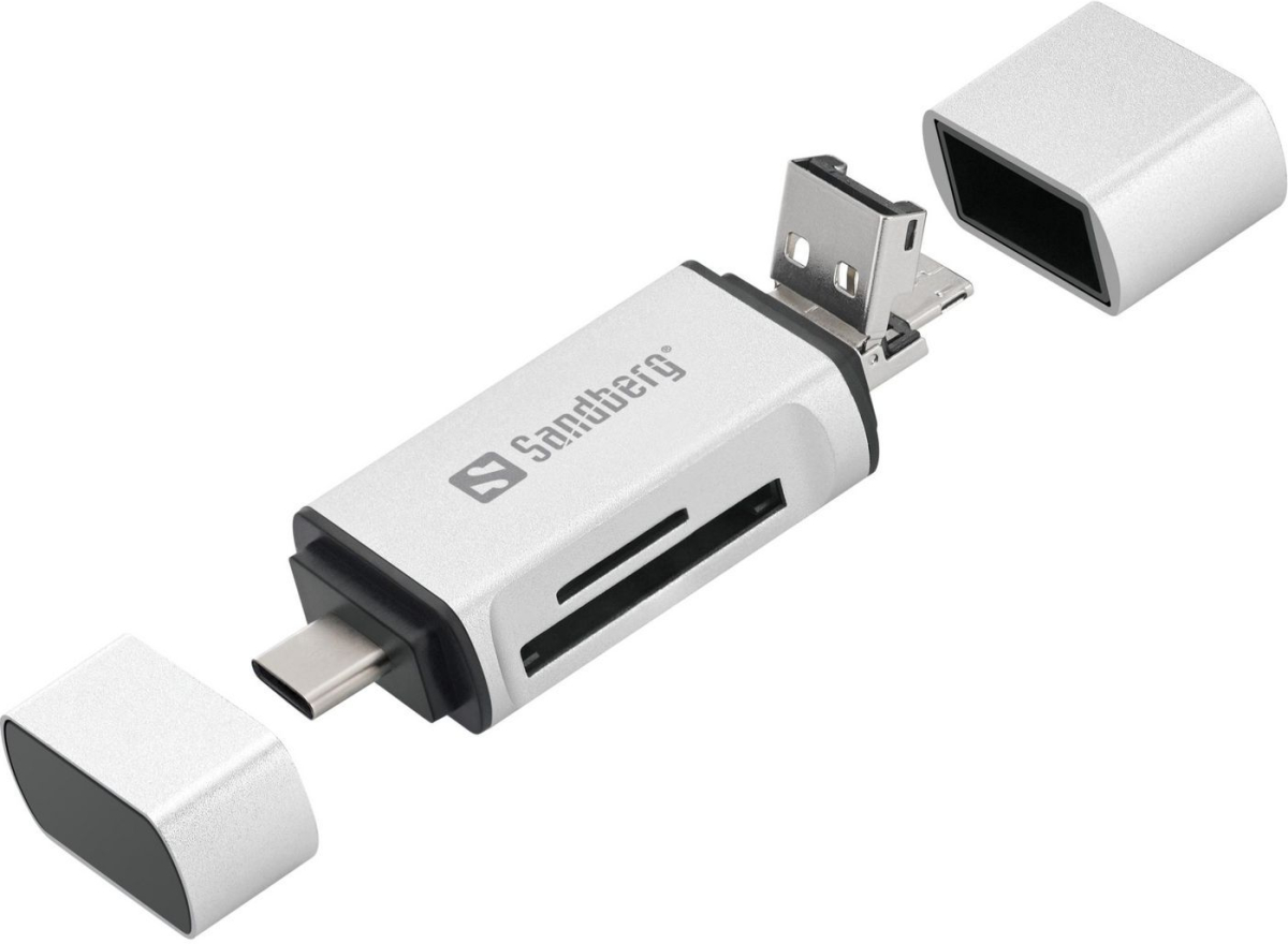 Четец за карти Sandberg USB-C, USB, MicroUSB, сребристна ниска цена с бърза доставка - BestPC.BG