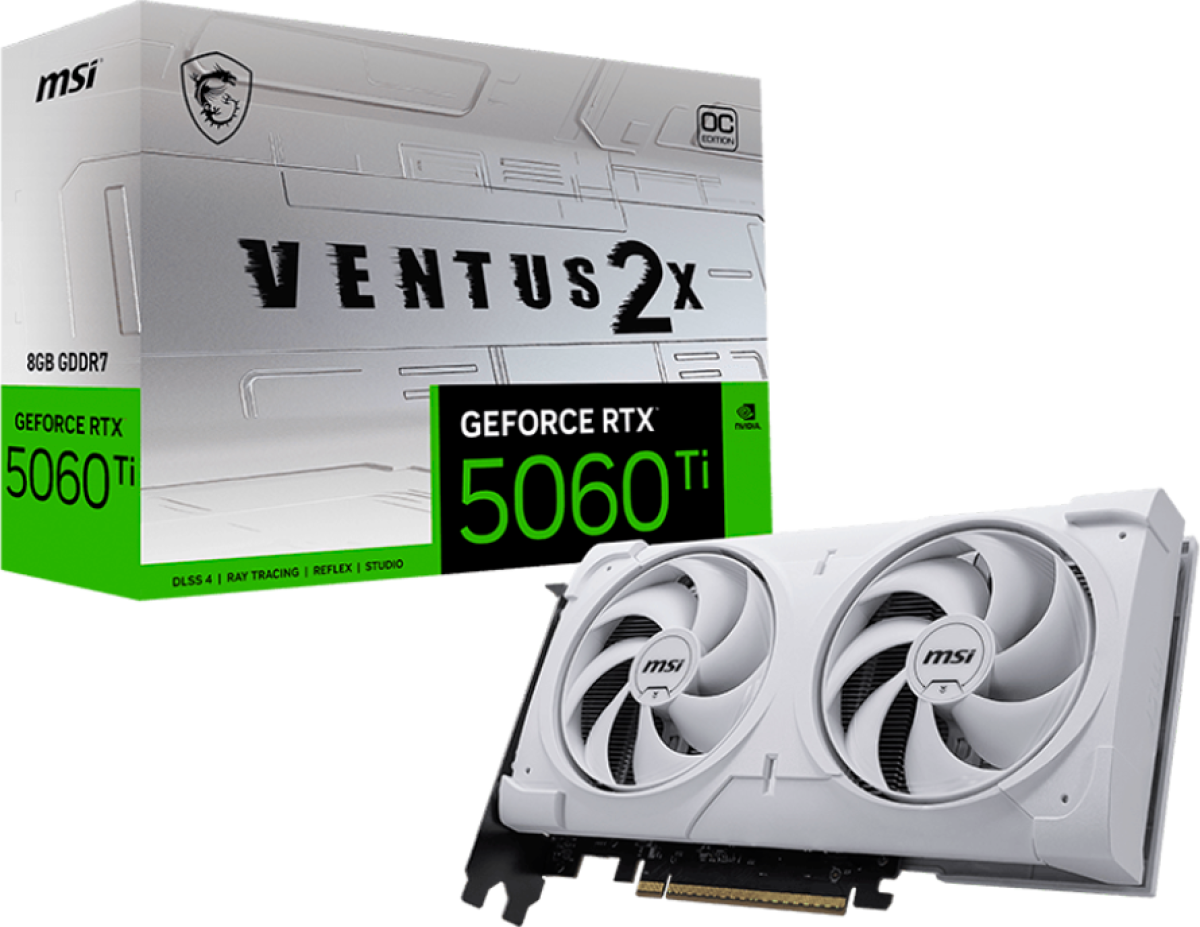Видеокарта MSI Video Card NVIDIA GeForce RTX 5060 Ti 8G VENTUS 2X OC WHITE PLUS, 8GB GDDR7, 128-bit, 2617 MHz Boost, 4608 CUDA Coresна ниска цена с бърза доставка - BestPC.BG