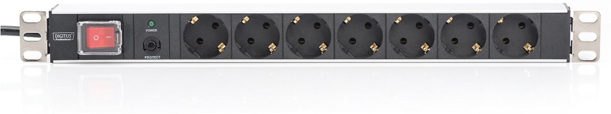 Контакт за шкаф DIGITUS DN-95403, PDU за 19" шкаф, 7х шуко, с копче, алуминиев, 16A, 250V AC, 3.6 kVA, 2.0 м, черенна ниска цена с бърза доставка - BestPC.BG