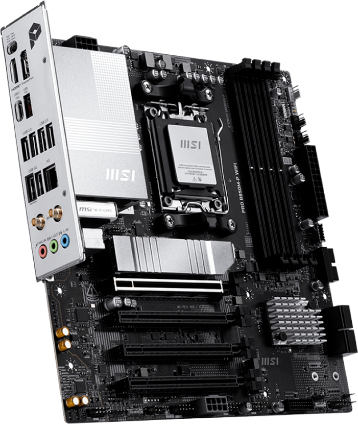 Дънна платка MSI PRO B850M-P WIFI, mATX, Socket AM5, 4x DDR5 Dual Channel DDR5 up to 8200(OC)MHz, 4x PCIe x16 slot, 3x M.2 slot,на ниска цена с бърза доставка - BestPC.BG