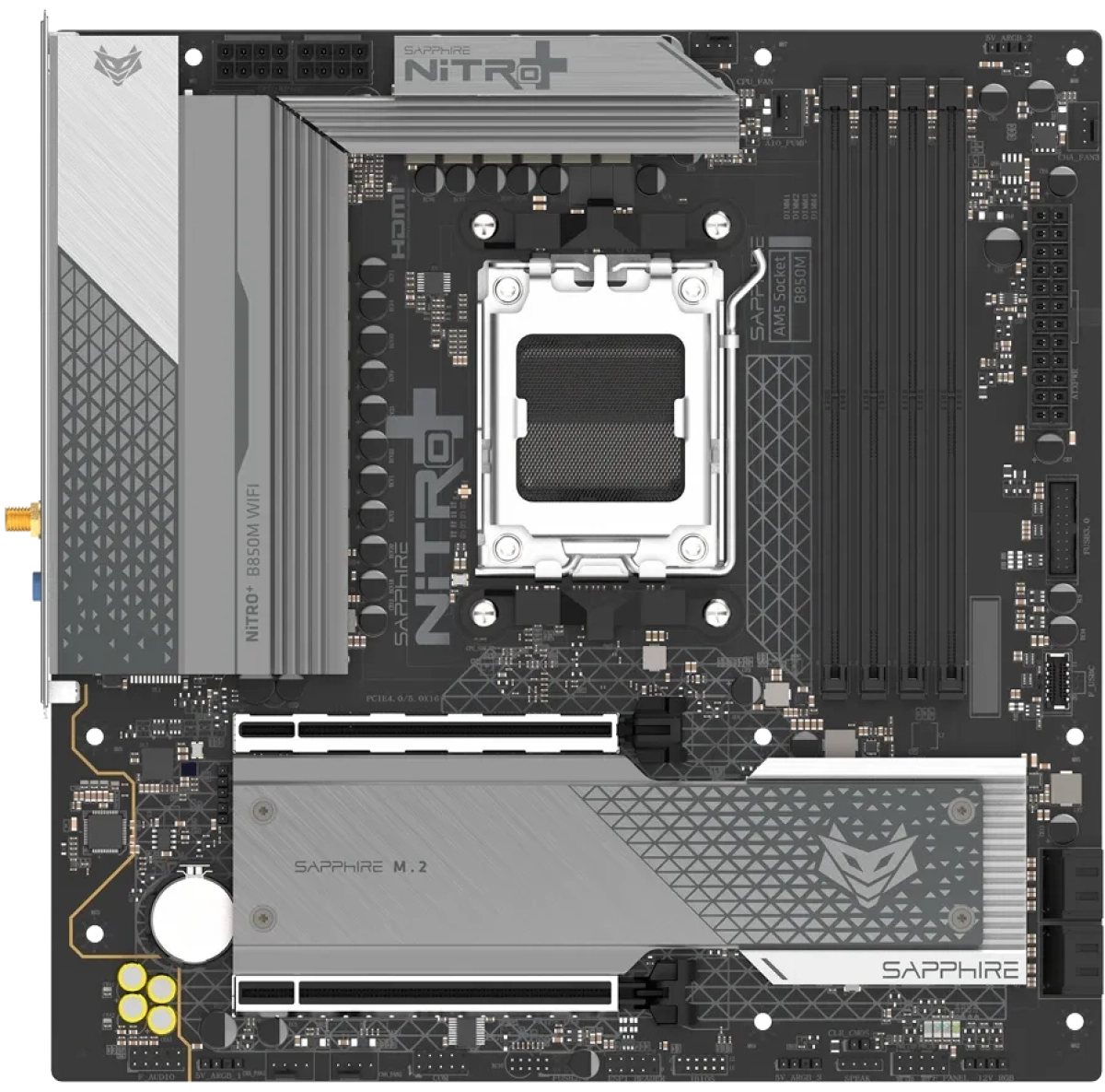 Дънна платка SAPPHIRE AMD B850M AM5 NITRO+, Ryzen R9/R7/R5, 4x DDR5 8000MHz, PCIE 5.0 x 16, 1x M.2 Gen5/Gen4, LAN 2.5 Gbps, WIFI6, USB, Micro-ATXна ниска цена с бърза доставка - BestPC.BG