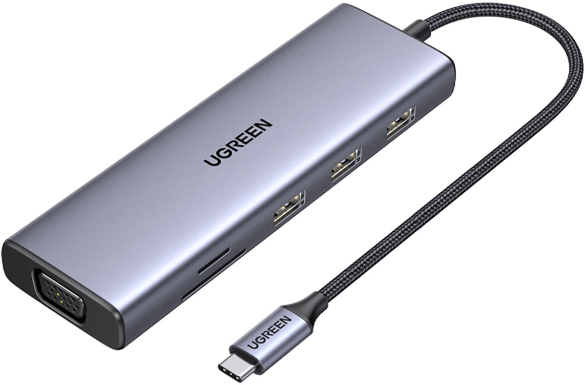 USB хъб Ugreen CM498 15600 USB-C - 3x USB-A 3.0 - HDMI - VGA - RJ45 - SD - TF Card Reader - USB-C PD - сивна ниска цена с бърза доставка - BestPC.BG