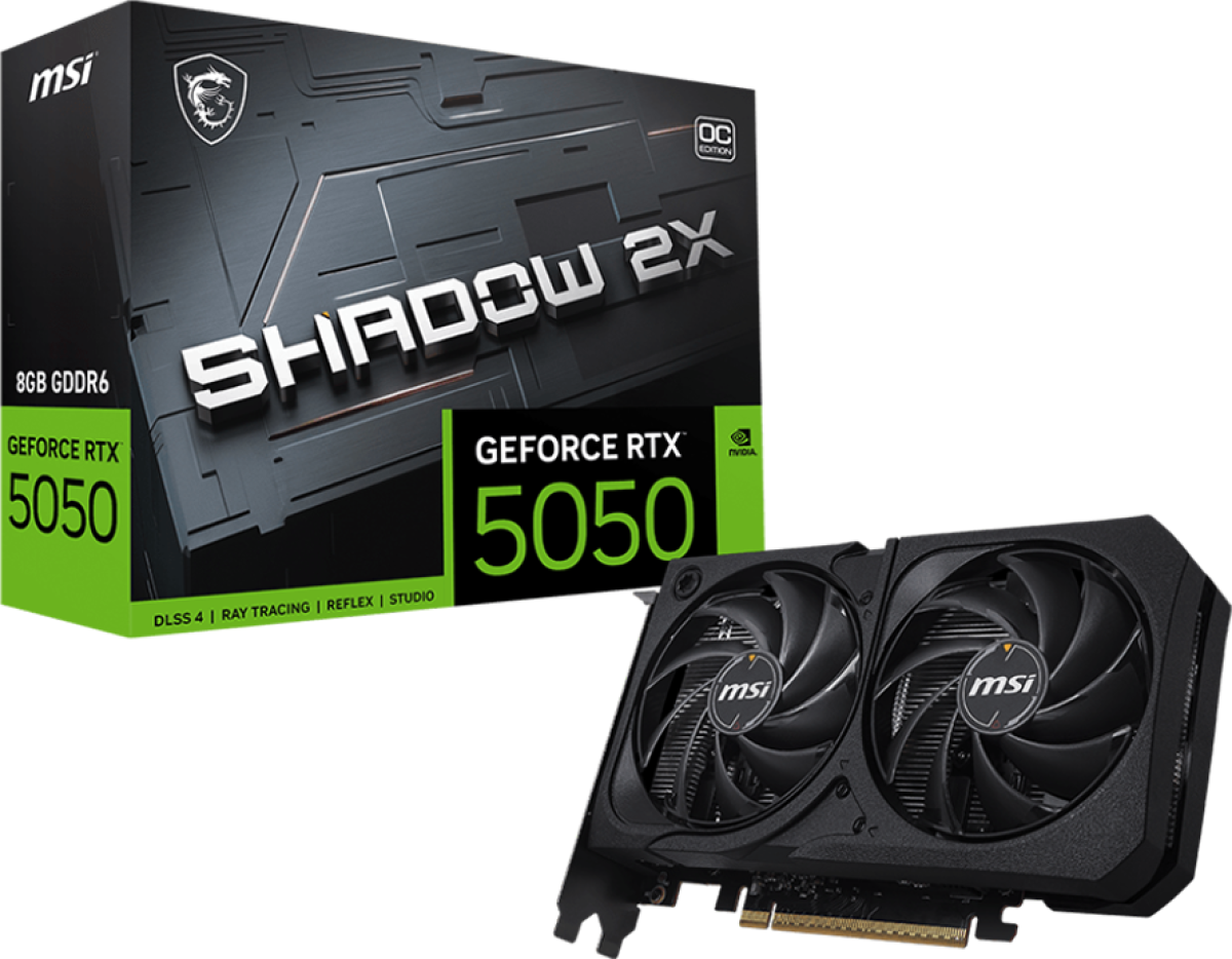 Видеокарта MSI GeForce RTX 5050 8G SHADOW 2X OC, 8GB GDDR6, 128-bit, 2602 MHz, PCIe 5.0, 20 Gbps, Dual Fan, черенна ниска цена с бърза доставка - BestPC.BG