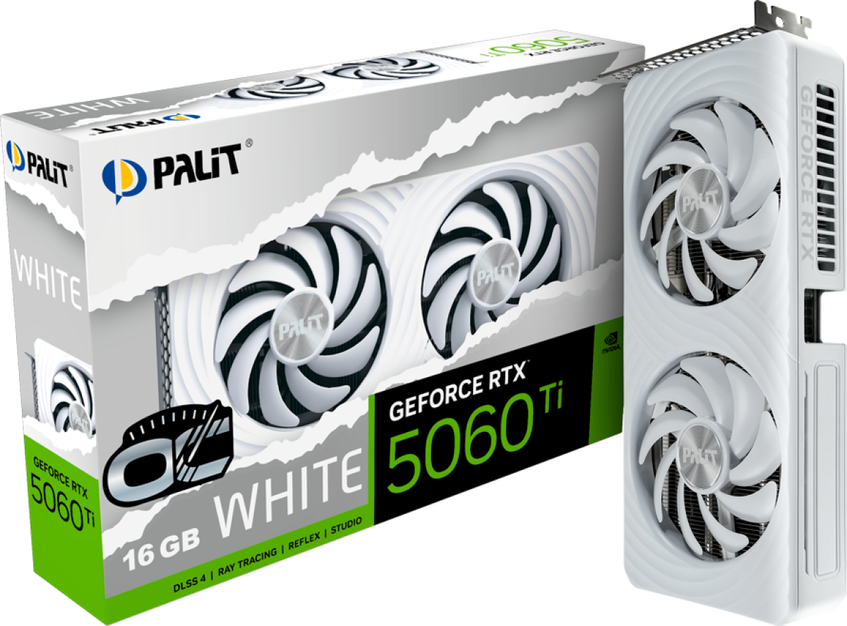 Видеокарта Palit GeForce RTX 5060 Ti WHITE OC 16GB GDDR7, 128 bit, 1x HDMI 2.1b, 3x DP 2.1b, 2 Fan, 1x 8-pin pwr connector, 600Wна ниска цена с бърза доставка - BestPC.BG