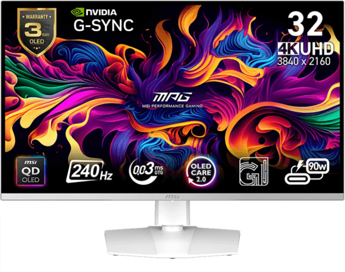 Монитор MSI MPG 321URXW QD-OLED, 31.5" 240Hz, UHD (3840x2160) 16:9, 0.03ms, 1000nits, 1x DP, 2x HDMI, Бялна ниска цена с бърза доставка - BestPC.BG