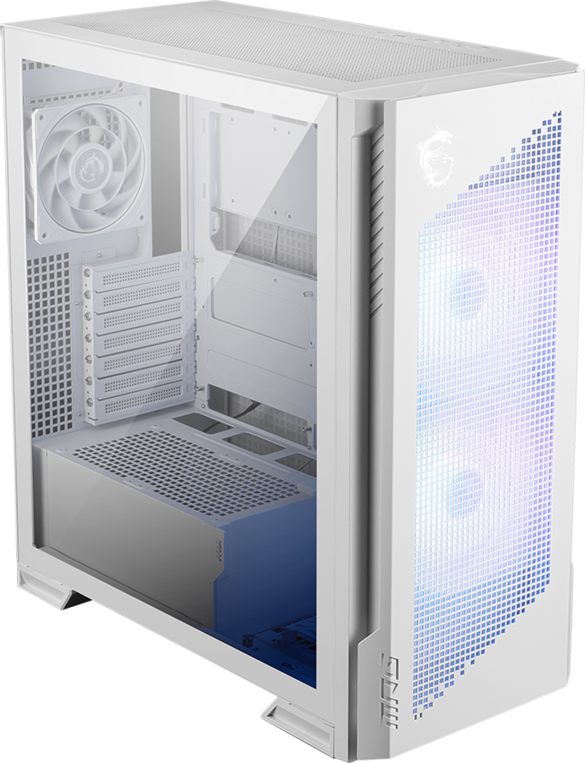 Кутия MSI MPG VELOX 300R AIRFLOW PZ WHITE, Mid-Tower, E_ATX-ATX-M-ATX-ITX, 2x USB 3.2, 1x USB Type-C 20Gbs, ARGB Fan Hub, Бялна ниска цена с бърза доставка - BestPC.BG