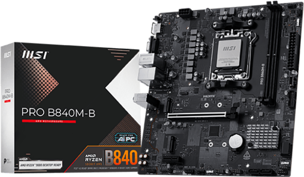 Дънна платка MSI PRO B840M-B, mATX, Socket AM5, 2x DDR5 Dual Channel DDR5 up to 8000(OC)MHz, 1x PCIe x16 slot, 2x M.2 slot, 2x USB 2.0на ниска цена с бърза доставка - BestPC.BG