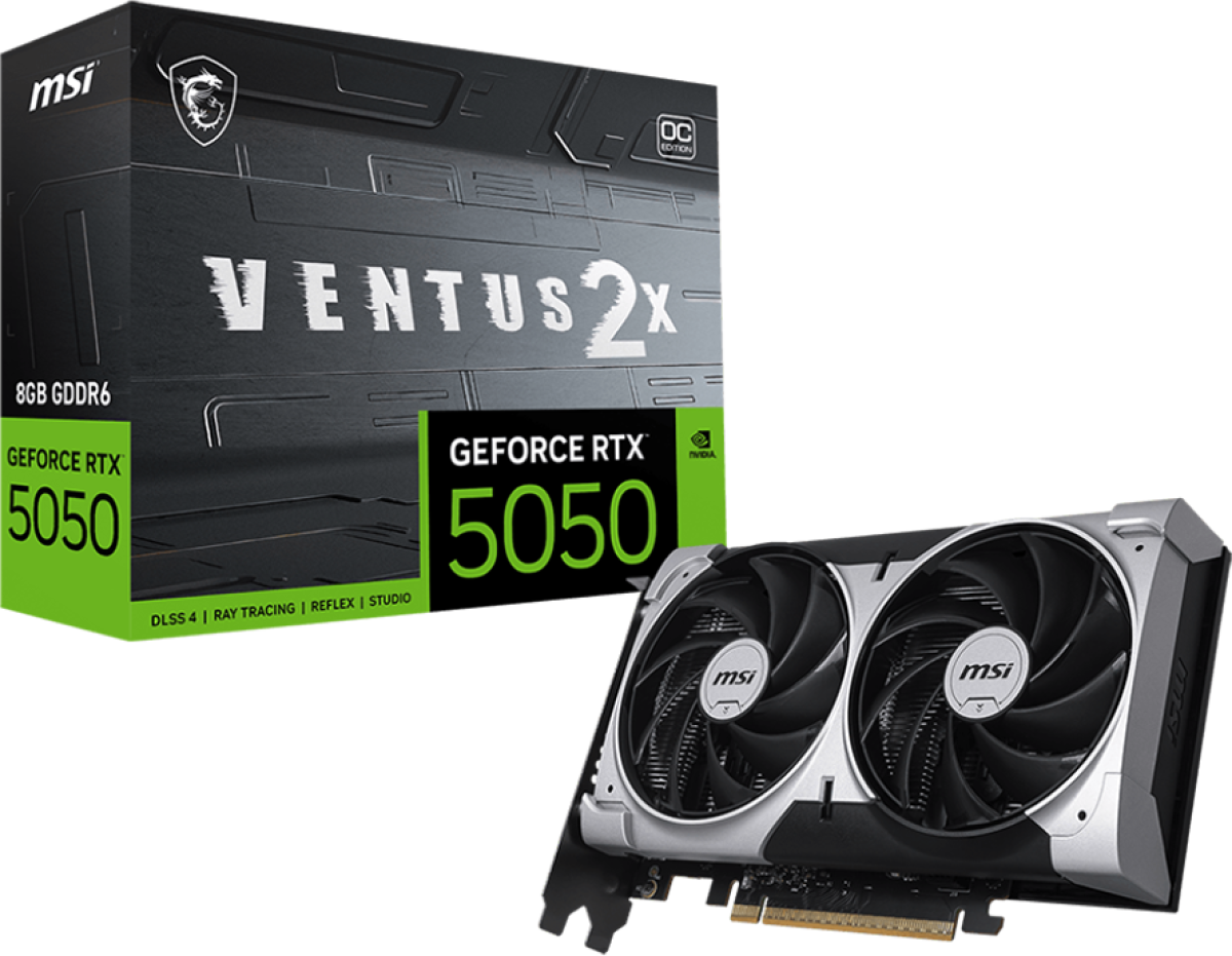 Видеокарта MSI Video Card NVIDIA GeForce RTX 5050 8G VENTUS 2X OC, 8GB GDDR6, 128-bit, 2602 MHz Boost, 2560 CUDA Cores, PCIe 5.0 (x8)на ниска цена с бърза доставка - BestPC.BG