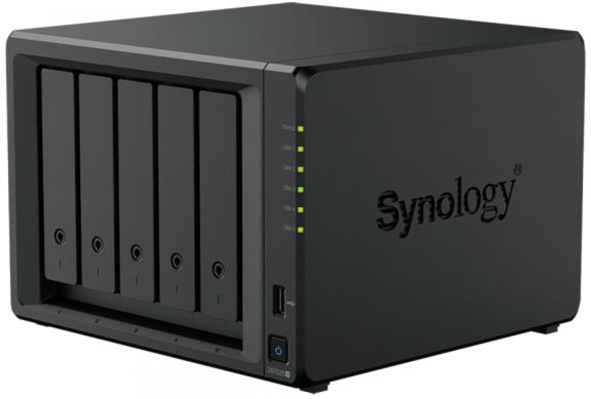 Мрежов сторидж (NAS/SAN) Synology NAS DS1525+, за 5 диска, AMD Ryzen V1500B, 8GB DDR4, 300 TB, 2x M.2 NVMe слота, 2x 2.5GbE LAN порта, черенна ниска цена с бърза доставка - BestPC.BG