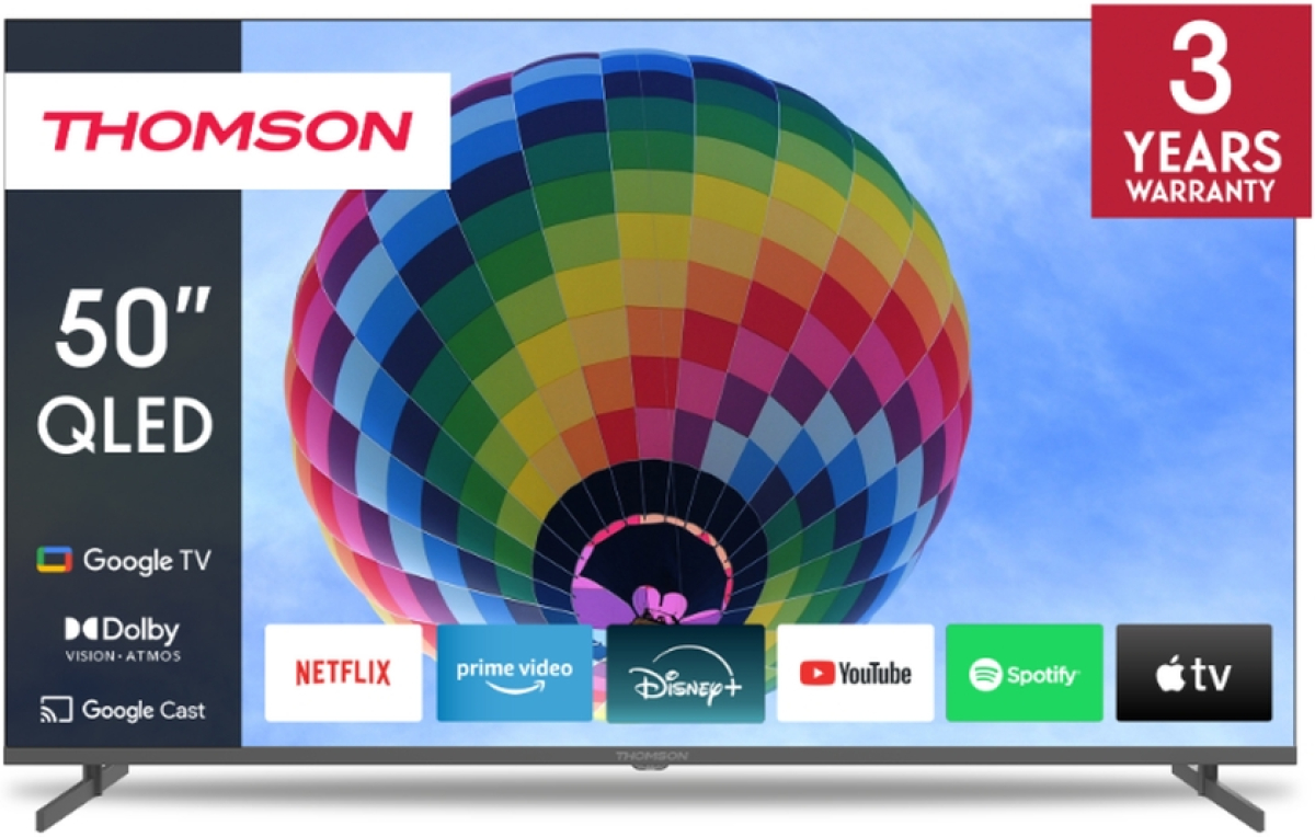 Телевизор Thomson 50" QLED Google TV; 3840 x 2160 (4K UHD), QLED, 60 Hz, Wi-Fi, Bluetooth, HDMI 2 (2.0) + 2 (2.1), USB 2 (2.0) + 1 (3.0), Side Feet,на ниска цена с бърза доставка - BestPC.BG