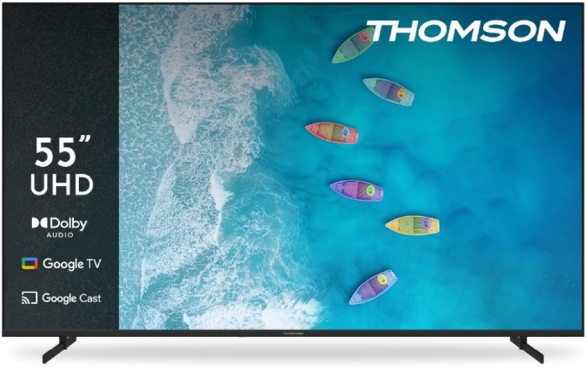 Телевизор Thomson 55" UHD Google TV, 3840 x 2160 (4K UHD), DLED, 60 Hz, Google Cast, Wi-Fi, Bluetooth, LAN, HDMI 3, USB 2, Hotel mode, Черенна ниска цена с бърза доставка - BestPC.BG