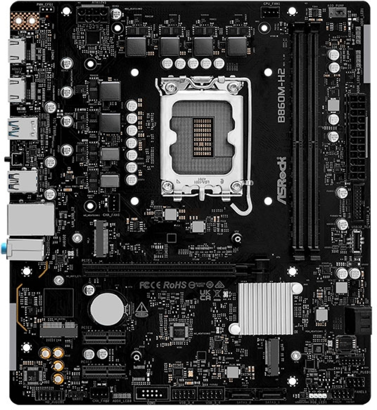 Дънна платка ASRock B860M-H2, Micro ATX, 2х DDR5 DIMM, LGA1851, PCIe 4.0 x16, 2xM.2, 4xSATA, 2xHDMI, черенна ниска цена с бърза доставка - BestPC.BG