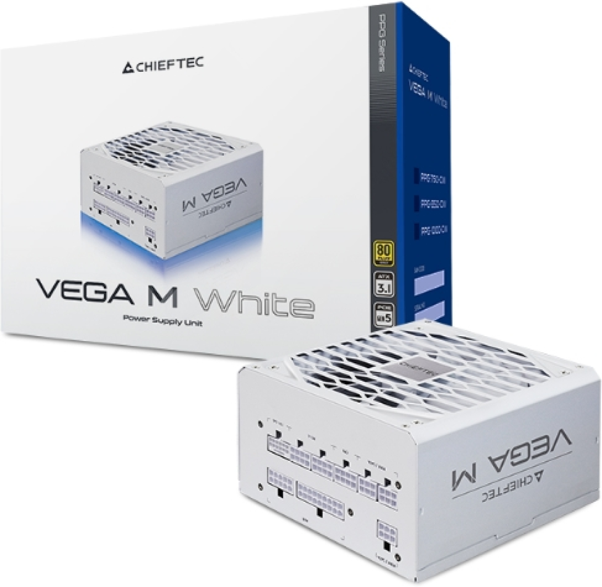 Захранване Chieftec VEGA M White, 1000 W, ATX, Active PFC, 135 мм вентилатор, 80 Plus Gold, Модулно, Бялна ниска цена с бърза доставка - BestPC.BG