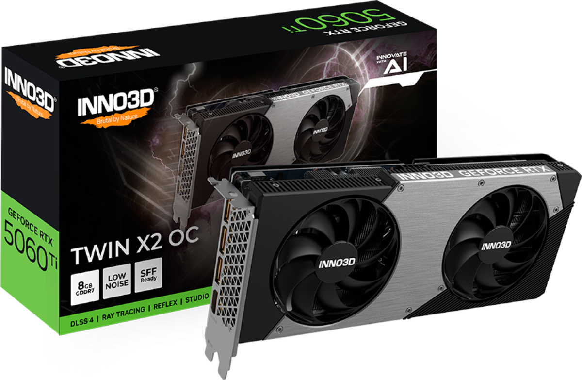 Видеокарта INNO3D GeForce RTX 5060 Ti Twin X2 OC 8GB GDDR7 128-bit 1x HDMI 3x DPна ниска цена с бърза доставка - BestPC.BG