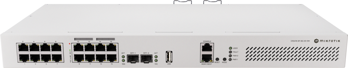 MikroTik CRS418-8P-8G-2S+RM, 19-портов Gigabit комутаторна ниска цена с бърза доставка - BestPC.BG
