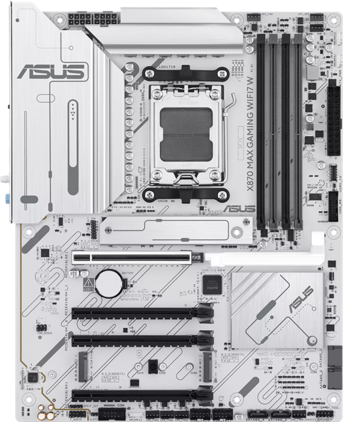 Дънна платка ASUS X870 MAX GAMING WIFI7 - 4xDDR5 4xSATA3 RAID HDMI 3xM2 GLAN 4xPCIEx16 WiFi, Бял цвятна ниска цена с бърза доставка - BestPC.BG