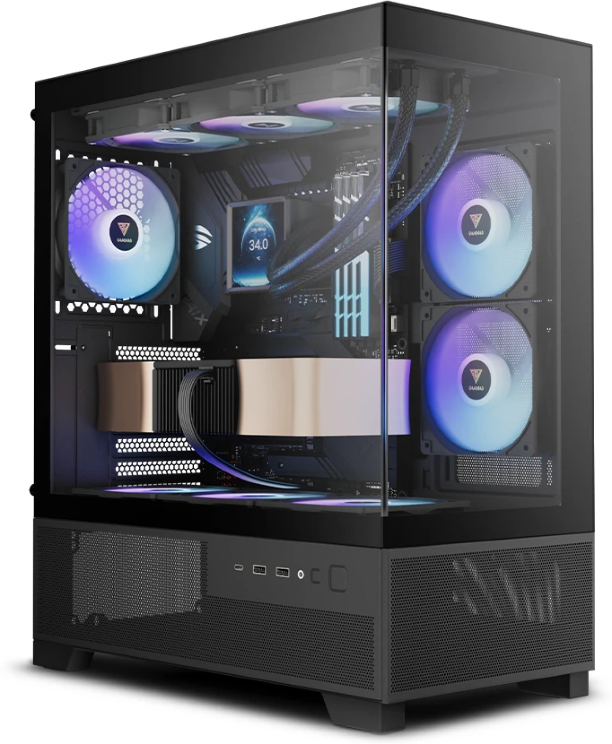 Кутия Gamdias AURA GC12, ATX, Middle Tower, закалено стъкло, 6x 120 mm вентилатори, USB 3.1 Type-C, USB 2.0, черенна ниска цена с бърза доставка - BestPC.BG