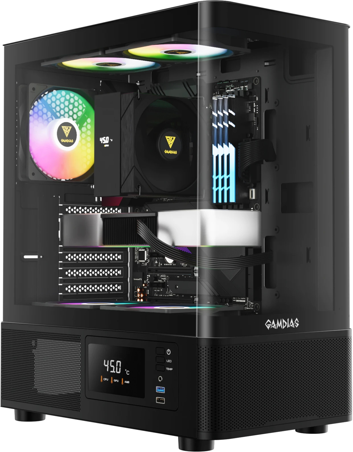 Кутия Gamdias ATLAS E2, ATX, Middle Tower, извито закалено стъкло, 3x 120 mm вентилатори, USB 3.0, USB 2.0, RGB бутон, черенна ниска цена с бърза доставка - BestPC.BG