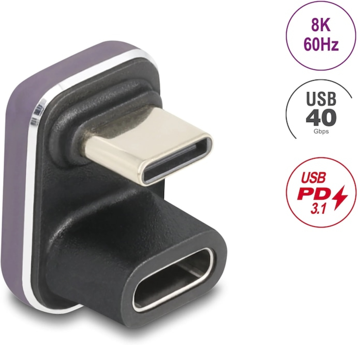 Кабел/адаптер Delock USB-C мъжко - USB-C женско, под 180°, 40 Gbps, PD 3.1 240 W, 8K 60 Hz, лилавна ниска цена с бърза доставка - BestPC.BG