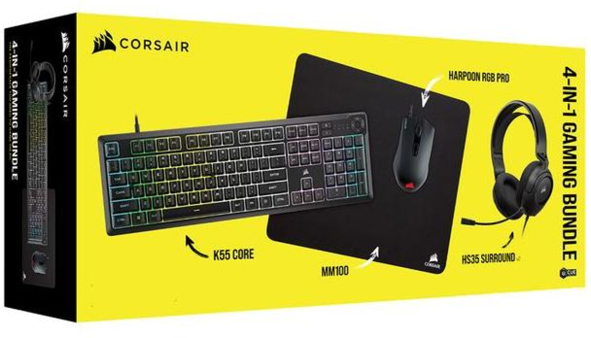 Клавиатура CORSAIR Геймърски бъндъл 4 в 1 - K55 CORE - HARPOON RGB PRO - HS35 Surround v2 - MM100на ниска цена с бърза доставка - BestPC.BG