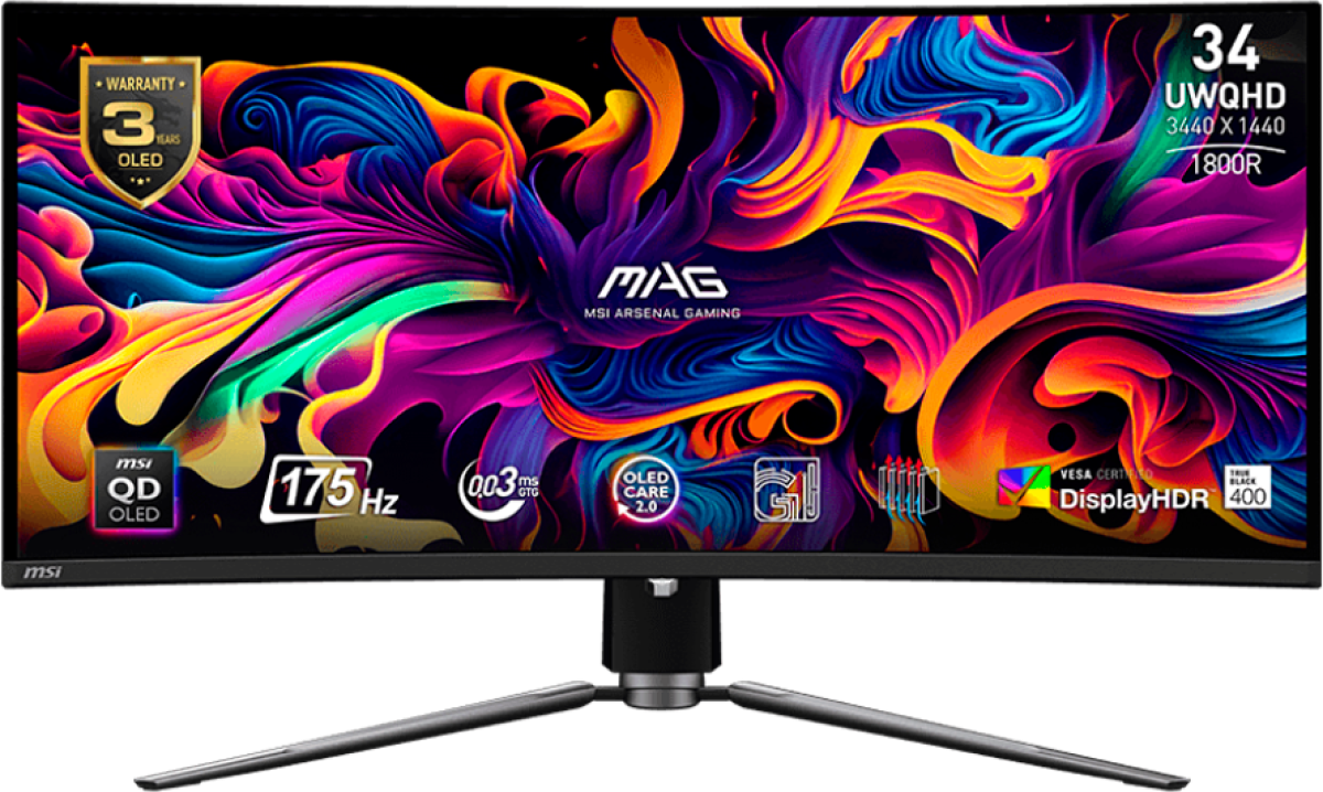 Монитор MSI MAG 341CQP QD-OLED Curved Gaming Monitor, 34" 175Hz, UWQHD (3440x1440) 21:9, QD-OLED, 1800R, 0.03msна ниска цена с бърза доставка - BestPC.BG