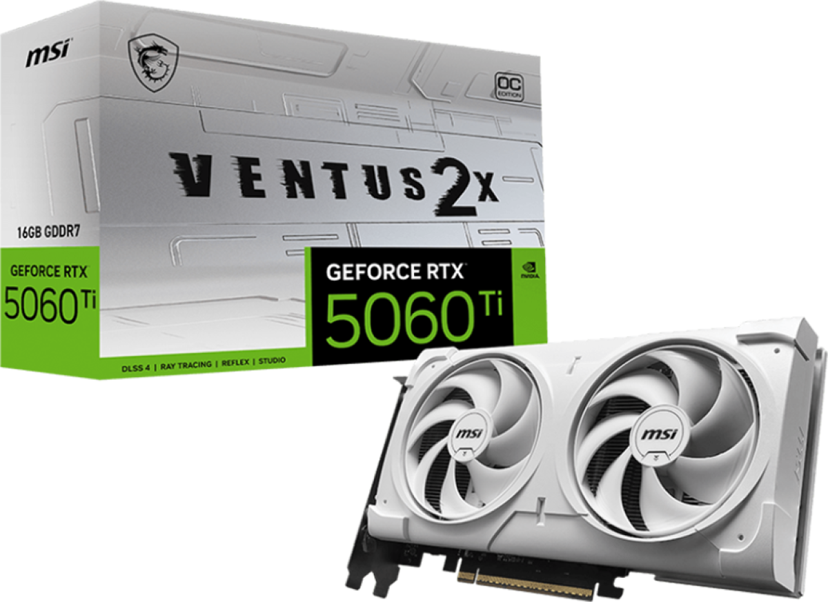 Видеокарта MSI Video Card NVIDIA GeForce RTX 5060 Ti 16G VENTUS 2X OC WHITE PLUS, 16GB GDDR7, 128-bit, 3x DP 2.1b, HDMI 2.1b, 180W TDPна ниска цена с бърза доставка - BestPC.BG
