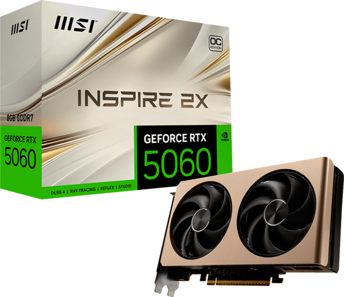 Видеокарта MSI Video Card NVIDIA GeForce RTX 5060 8G INSPIRE 2X OC, 8GB GDDR7, 128-bit, 2535 MHz Boost, 3x DP 2.1b, HDMI 2.1b, G-SYNCна ниска цена с бърза доставка - BestPC.BG