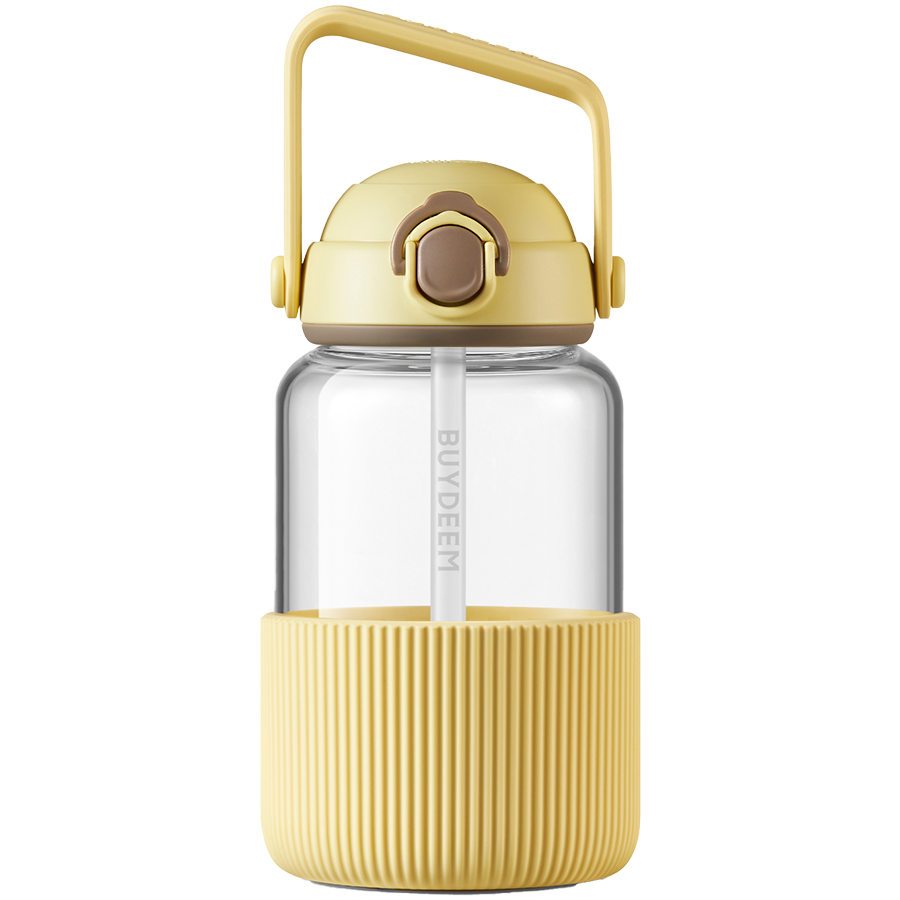 BUYDEEM Стъклена Бутилка, Изкачаща сламка, 1L, Светло Жълтна ниска цена с бърза доставка - BestPC.BG