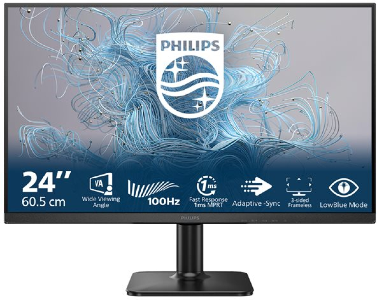 Монитор PHILIPS 24E2N1100LB-00, 23.8inch, FullHD 1920x1080, 250 cd/m2, 100Hz, HDMI, D-Sub, 4 ms, 16:9, черенна ниска цена с бърза доставка - BestPC.BG