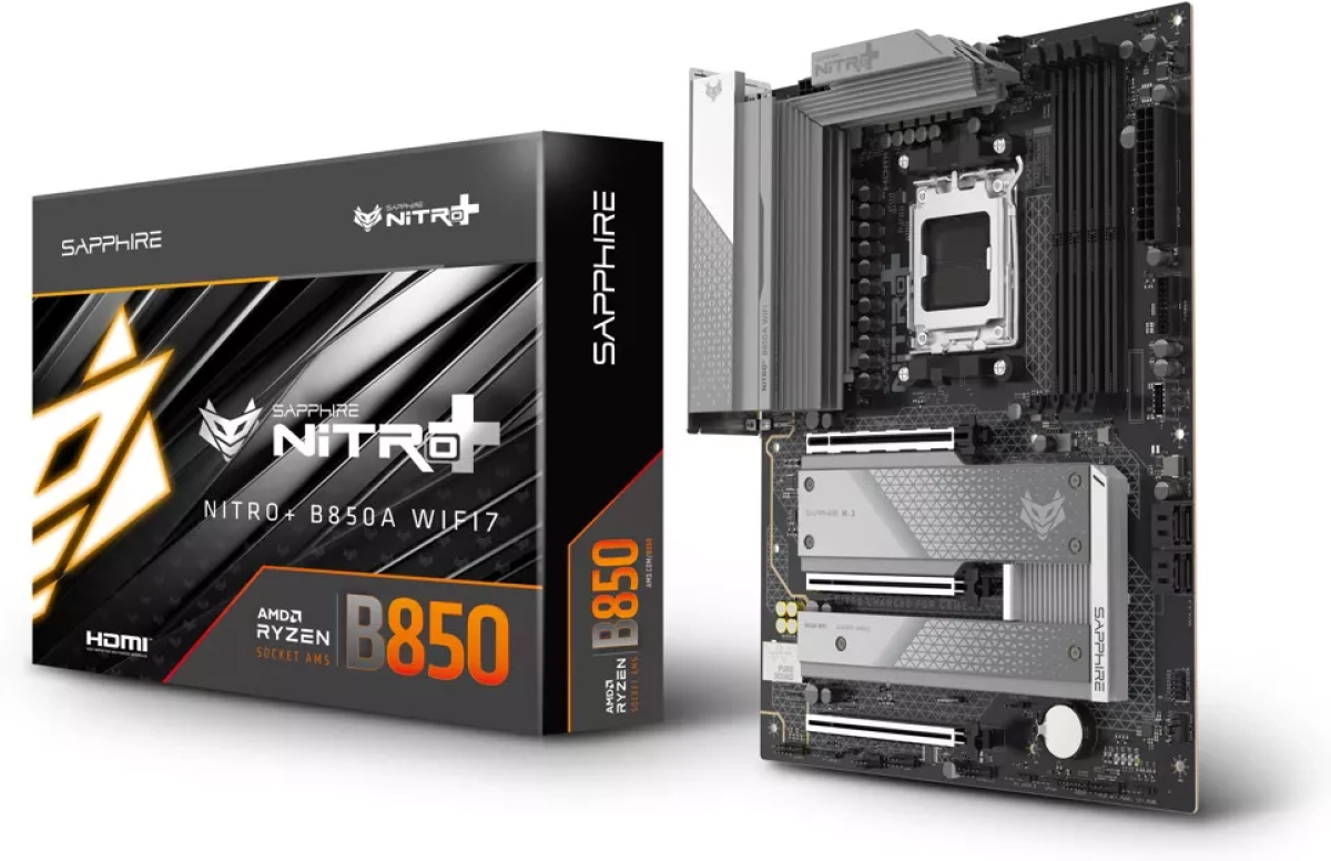 Дънна платка SAPPHIRE AMD B850 AM5 NITRO+ Ryzen R9-R7-R5, 4x DDR5 8000MHz, PCIE 5, 1x M.2 Gen5, 2x M.2 Gen4, LAN 2.5 Gbps, WIFI7, USB, ATXна ниска цена с бърза доставка - BestPC.BG