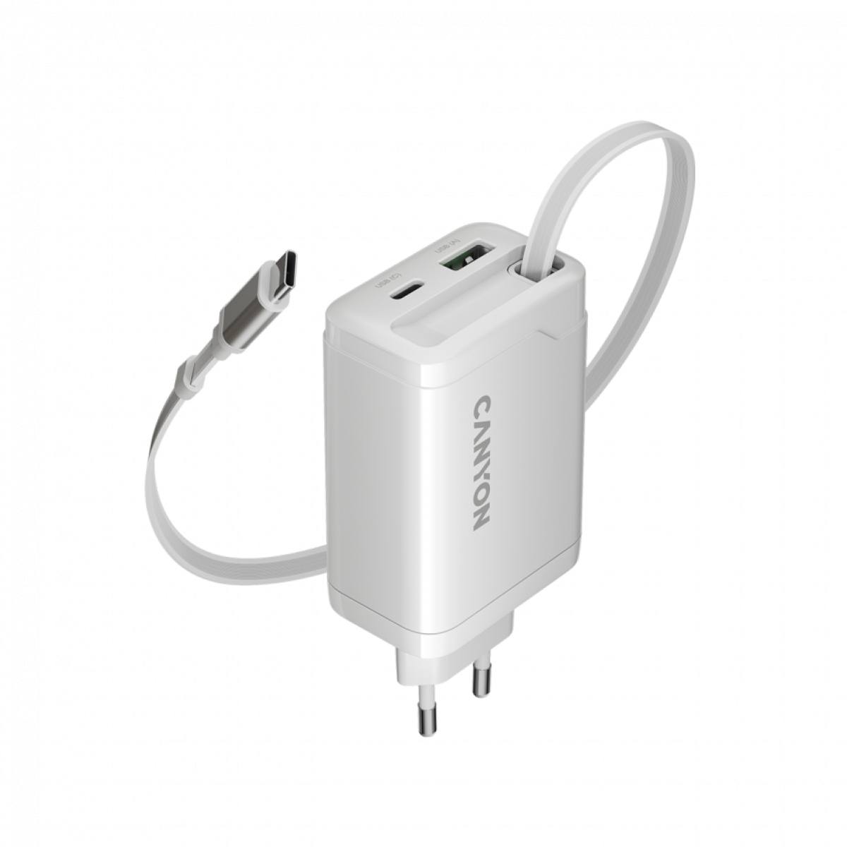 CANYON OnCharge 65RC, Вграден USB-C кабел 65W, USB Type-A, Power Delivery, Quick Charge, EU, Бялна ниска цена с бърза доставка - BestPC.BG