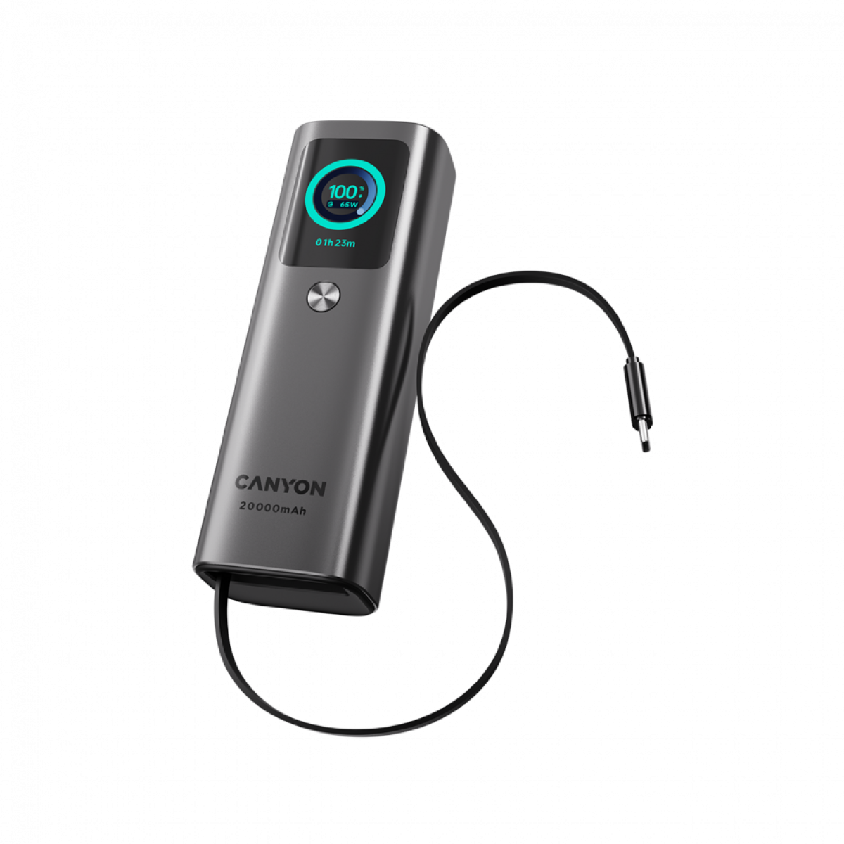 Външна батерия CANYON OnPower 265, 20000 mAh, Power Delivery 165W, вграден USB-C кабел, алуминиев корпус, тъмно сивна ниска цена с бърза доставка - BestPC.BG