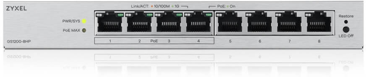 Комутатор/Суич ZyXEL GS1200-8HP v3, 8 Port Gigabit PoE+ webmanaged Desktop Switch, 4x PoE, 68 Wattна ниска цена с бърза доставка - BestPC.BG