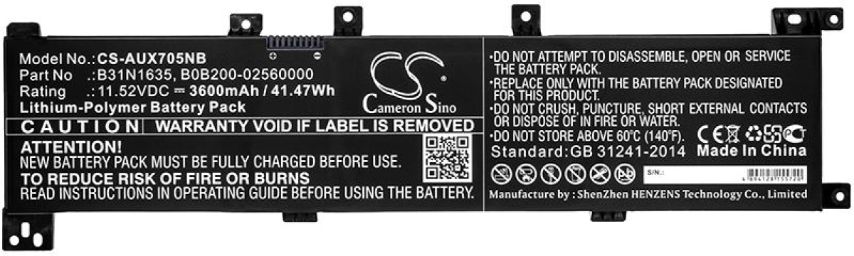 Батерия за лаптоп ASUS A705QA, VIVOBOOK F705UV-BX186T, VIVOBOOK F705UV-BX186T, B31N1635, LIPo, 11.52V, 3600 mAh, CAMERON SINOна ниска цена с бърза доставка - BestPC.BG