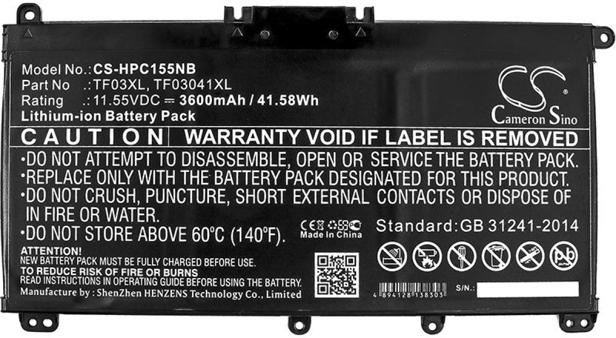Батерия за лаптоп HP 14-bp002TU, PAVILION 15-CC709TX, Pavilion 15-CC007NT, TF03XL TPN-Q188, LiiON, 11.55V, 3600 mAh, CAMERON SINOна ниска цена с бърза доставка - BestPC.BG