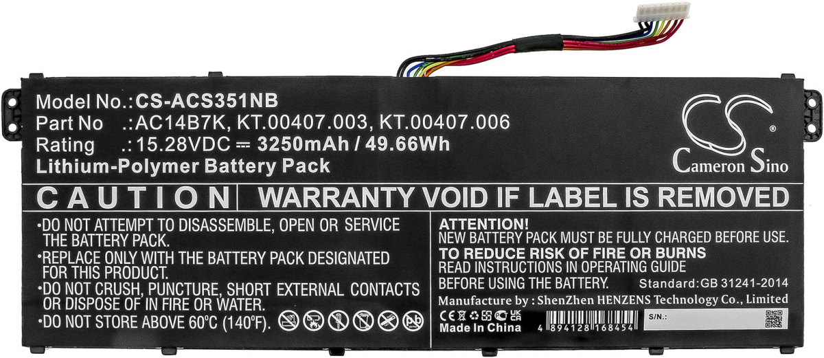 Батерия за лаптоп ACER Aspire 5 A515-41G-18Z3, Nitro 5 AN515-41-F6VS, Swift 3 SF313-51-514S, AC14B7K, LiPO, 15.28V, 3250 mAh, CAMERON SINOна ниска цена с бърза доставка - BestPC.BG
