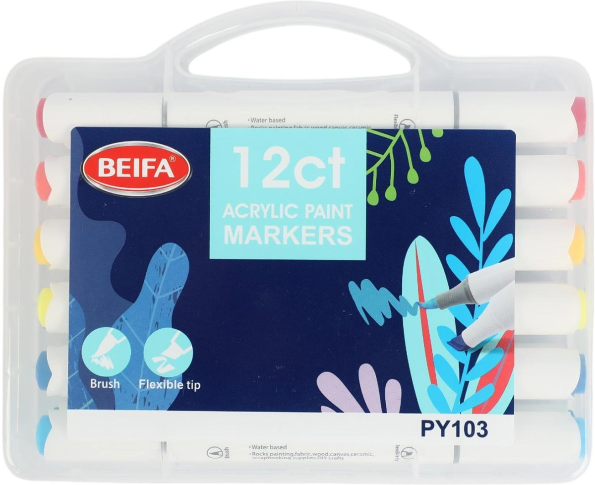 Beifa Маркер Acrylic, двоен, четка и скосен връх, 12 цвятана ниска цена с бърза доставка - BestPC.BG