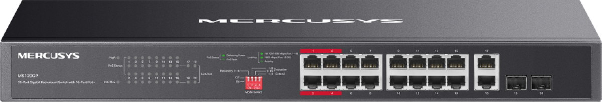 Mercusys MS120GP с 16 PoE+ порта, 20-портов гигабитов комутатор за монтаж в шкафна ниска цена с бърза доставка - BestPC.BG