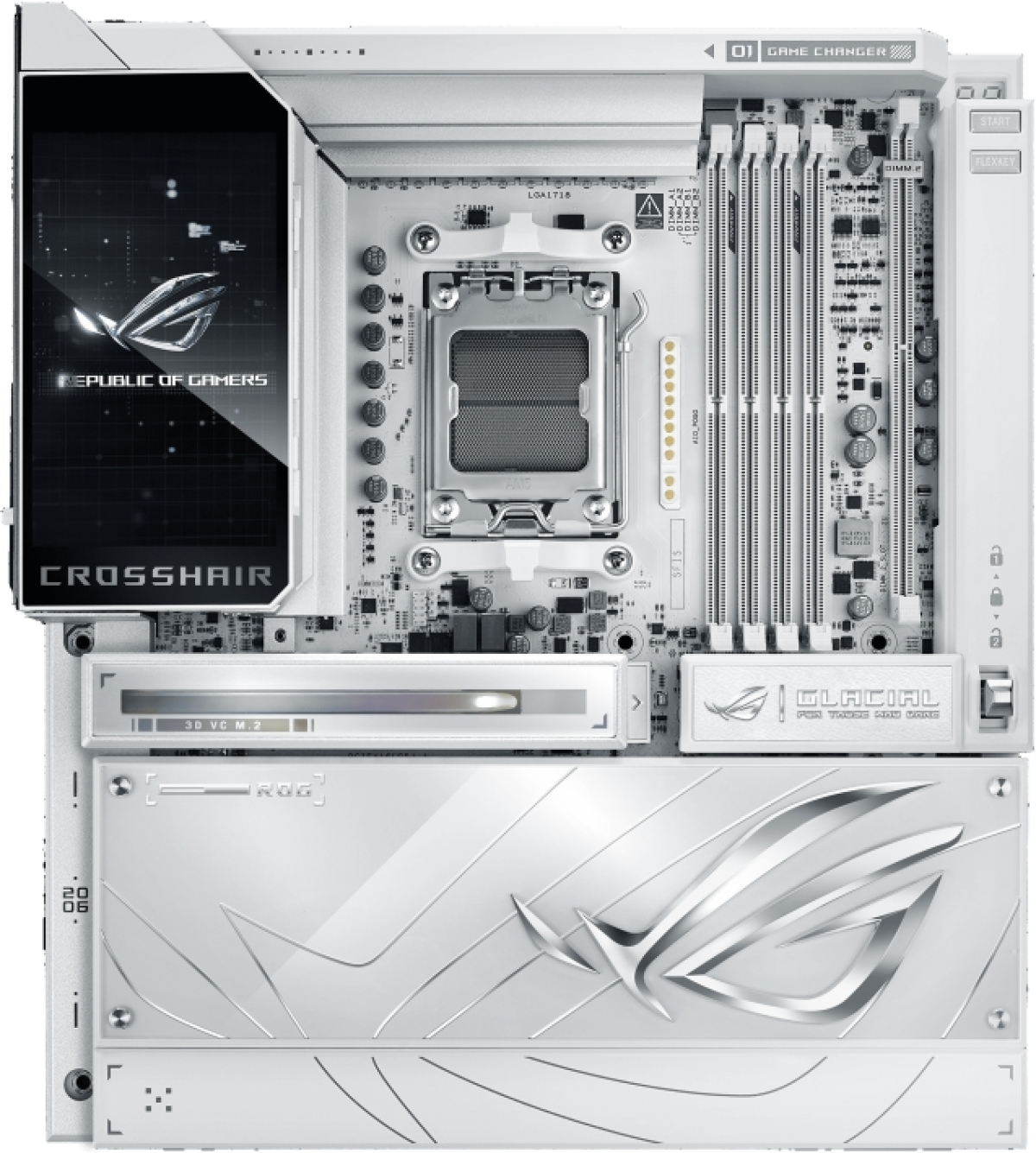 Дънна платка Asus ROG Crosshair X870E Glacial Wi-Fi, 4х DDR5, EATX, 3х M.2 slots, 2х PCIe 4.0 x16на ниска цена с бърза доставка - BestPC.BG