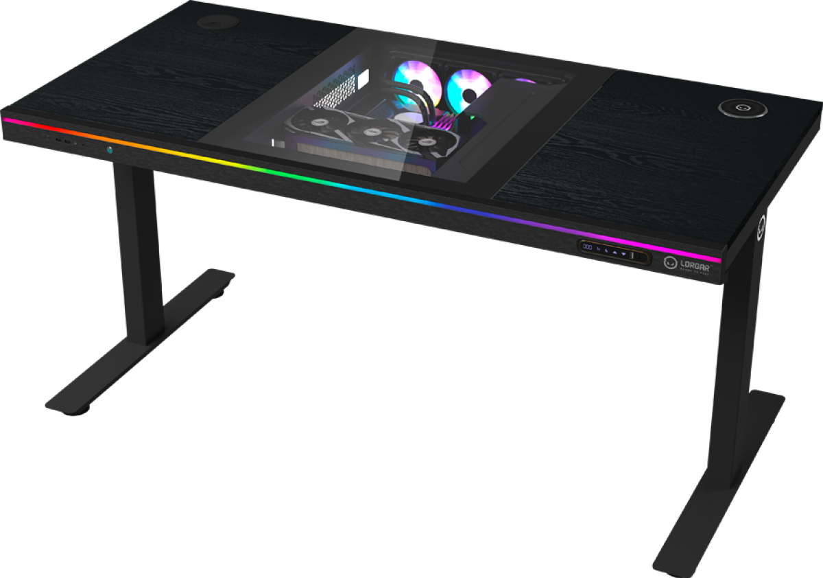 Бюро LORGAR DE90W, двоен моторизиран контрол на височината, безжично зарядно устройство, RGB, USB портовена ниска цена с бърза доставка - BestPC.BG