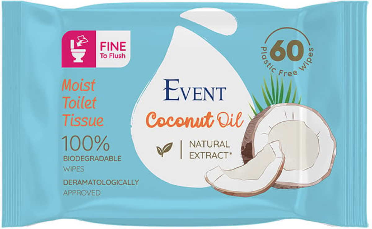 Тоалетна хартия Event, влажна, с масло от кокос, 60 късана ниска цена с бърза доставка - BestPC.BG