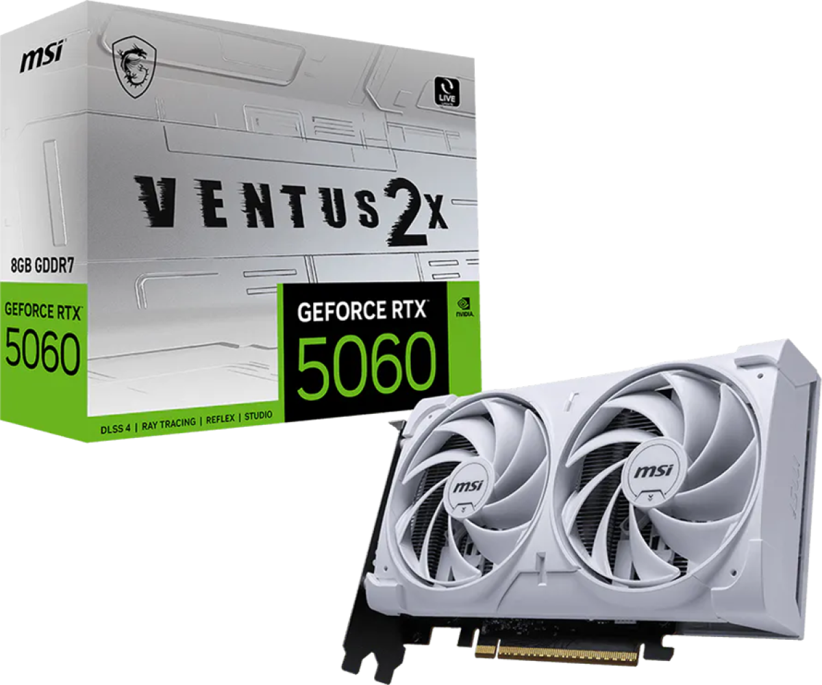 Видеокарта MSI NVIDIA GeForce RTX 5060 8G VENTUS 2X, 8GB GDDR7, 128-bit, 3840 CUDA Cores, бялна ниска цена с бърза доставка - BestPC.BG