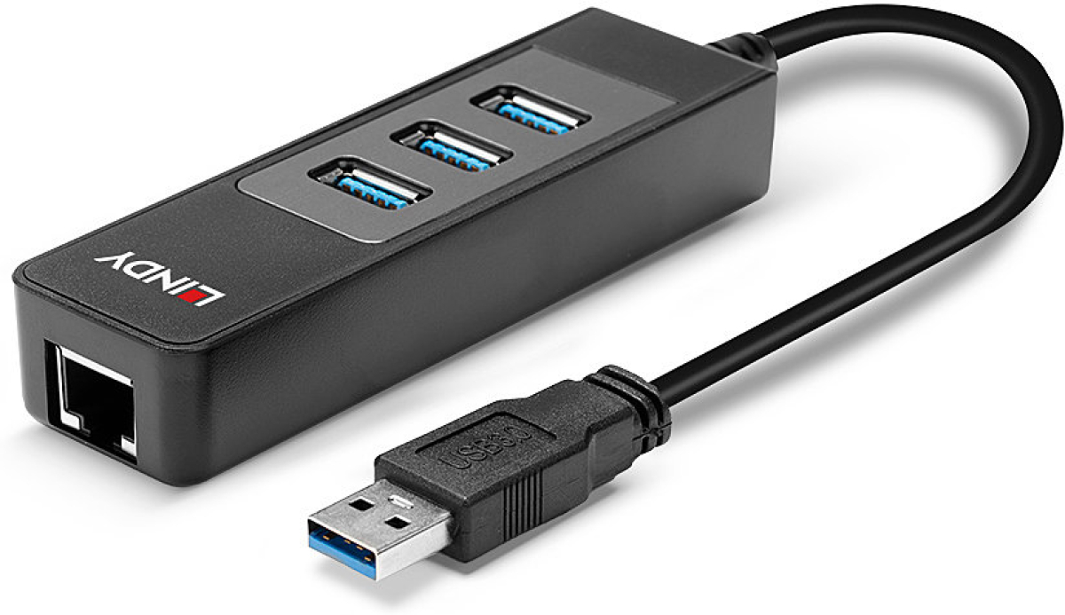 Мрежова LAN карта/адаптер LINDY LNY-43176, USB 3.0 хъб 3 порта, Gigabit Ethernet 1000 Mbps, 5 Gbps, черенна ниска цена с бърза доставка - BestPC.BG