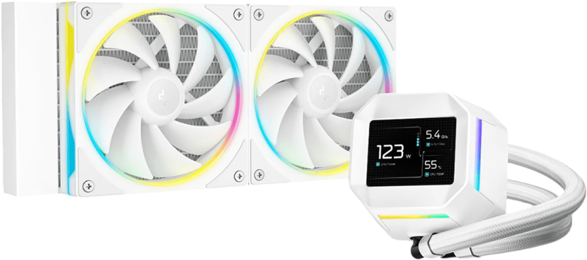 Водно охлаждане DeepCool LM240 WH, 240 мм, 2.4" LCD екран, 2x120 мм FL12 SE ARGB PWM вентилатора, бялна ниска цена с бърза доставка - BestPC.BG