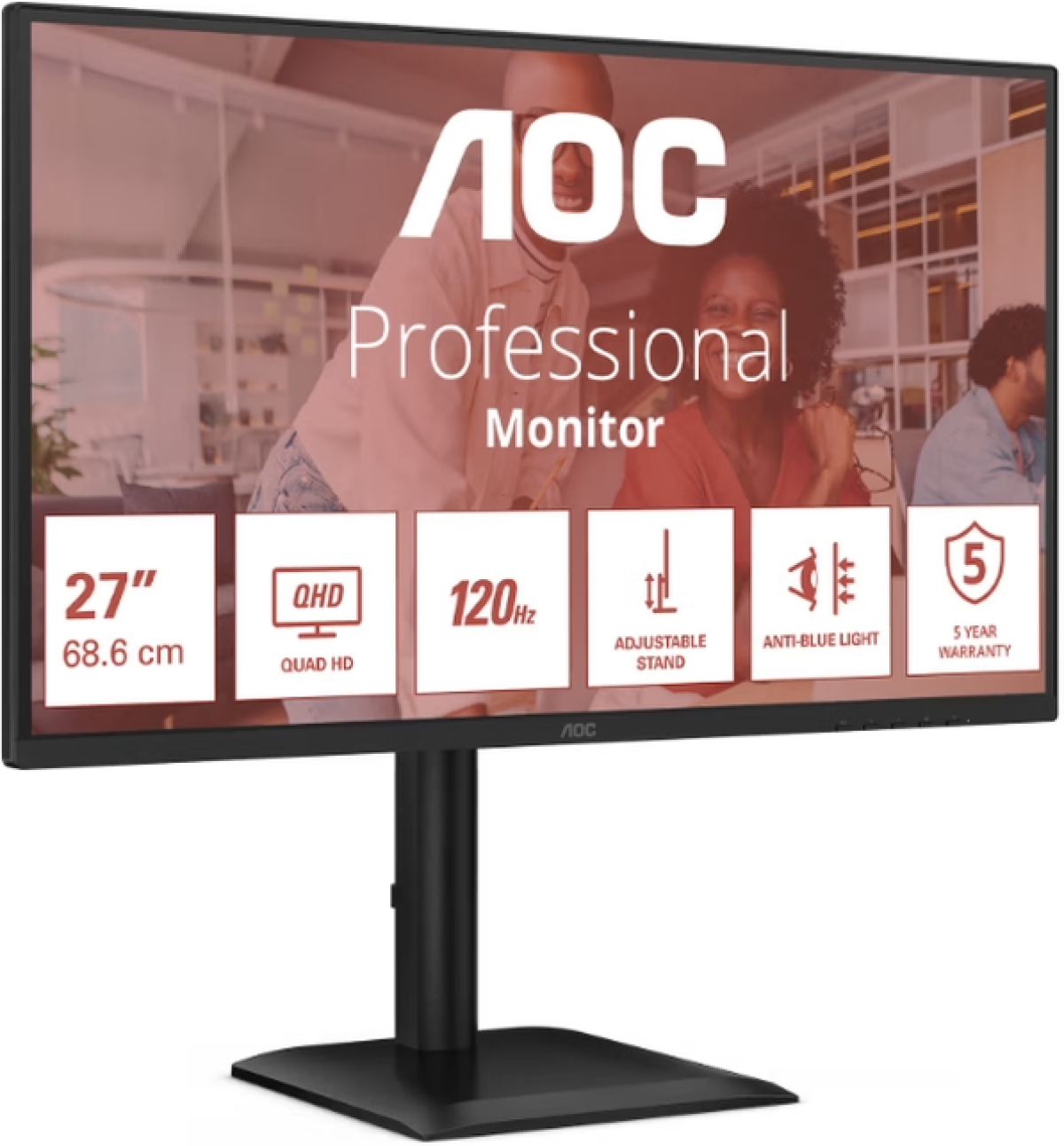 Монитор AOC Q27E4U, 27" IPS WLED, 2560x1440, 120Hz, 4ms GtG, 350cd m-2, 1500:1, HDMI, DP, USB Hub, Adaptive Sync, Черенна ниска цена с бърза доставка - BestPC.BG