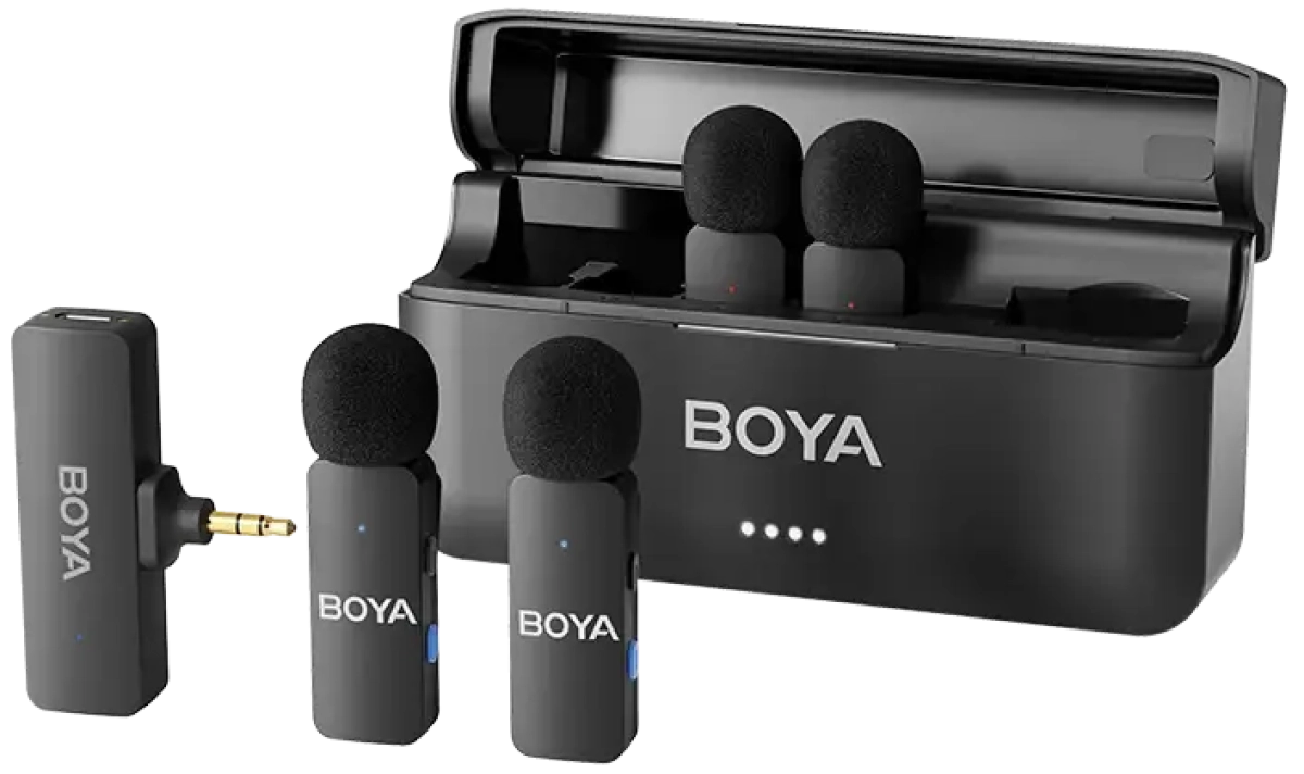 BOYA BY-V4 безжична микрофонна система, 4 микрофона, 2.4 GHz, 3.5 mm TRS, омнидиректен, черенна ниска цена с бърза доставка - BestPC.BG