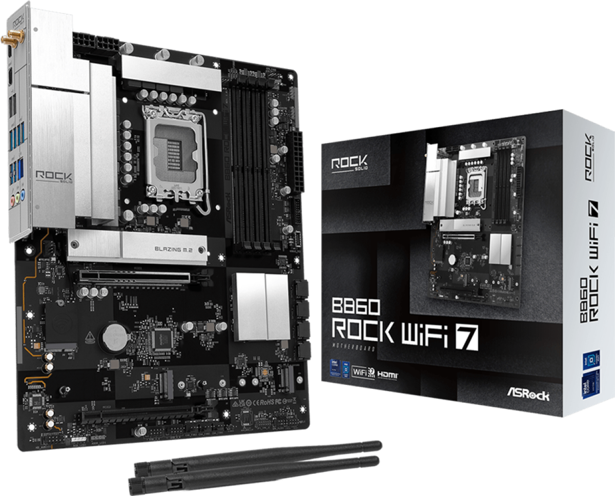 Дънна платка ASROCK MB Desktop B860 Rock Wi-fi 7, 4x DDR5, 1x PCIe 5.0 x16, 7x USB 3.2, 6x USB 2.0, 1x RJ-45, 2.5GB Lan, Wi-Fi 7 + Bluetooth 5.4, ATXна ниска цена с бърза доставка - BestPC.BG