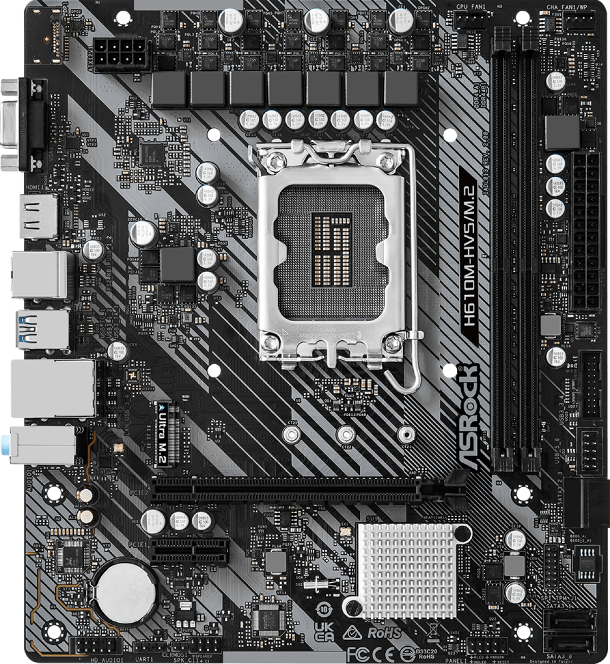 Дънна платка ASRock H610M-HVS/M.2 R2.0, H610, 2× DDR4, LGA1700, mATX, PCIe 4.0, M.2, Gigabit LANна ниска цена с бърза доставка - BestPC.BG