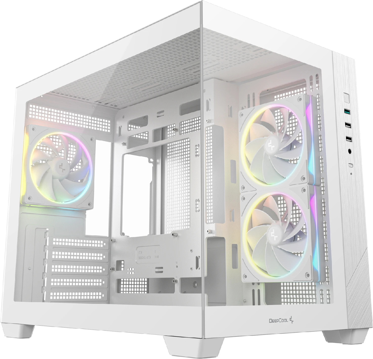 Кутия DeepCool CG330 3F WH - mATX, 3 ARGB Fans, 1x USB 3.0, 2x USB 2.0, 1х HD Audio, Бялана ниска цена с бърза доставка - BestPC.BG