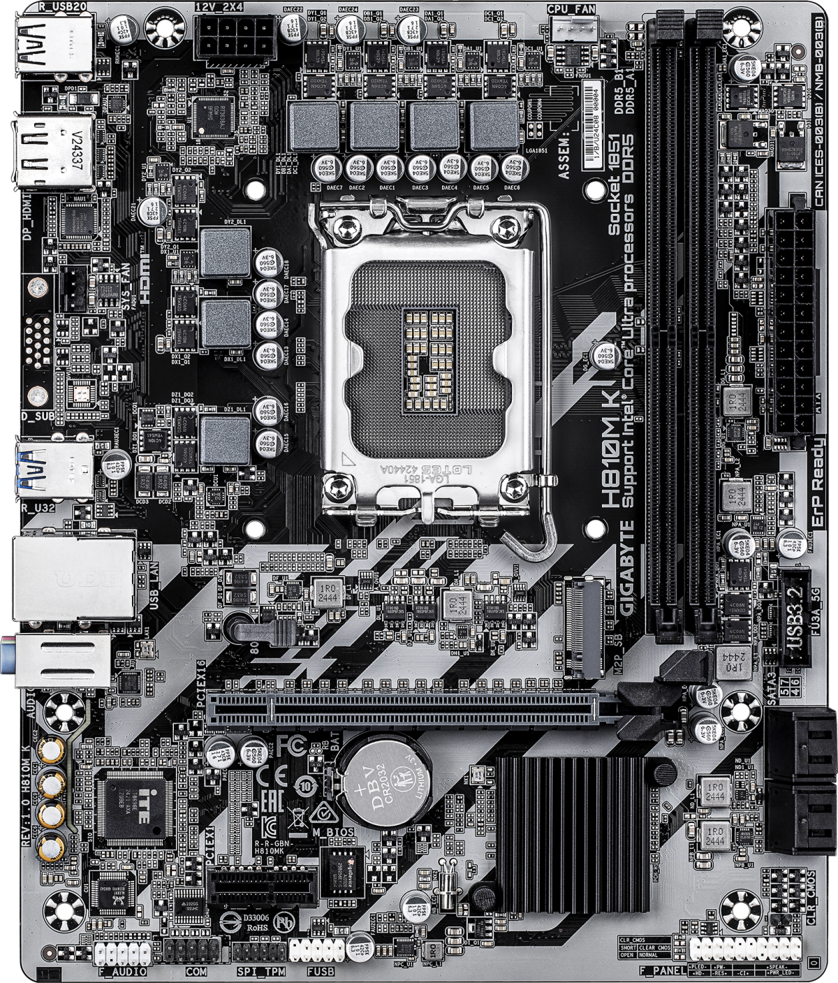 Дънна платка GIGABYTE H810M K, LGA 1851, Micro ATX, 2х DDR5, 1x PCIe 4.0 x16, 1x HDMI, 1x DP, 1x RJ-45, 3x Audio jacks, 2x USB 3.2 Gen1, 4x USB 2.0на ниска цена с бърза доставка - BestPC.BG